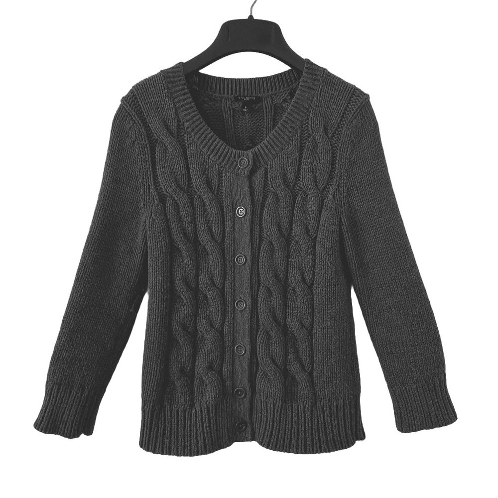 Talbots Chunky Cable Knit Cardigan Sweater, Charcoal Gray, PP/XSP/XXSP/00P/0P